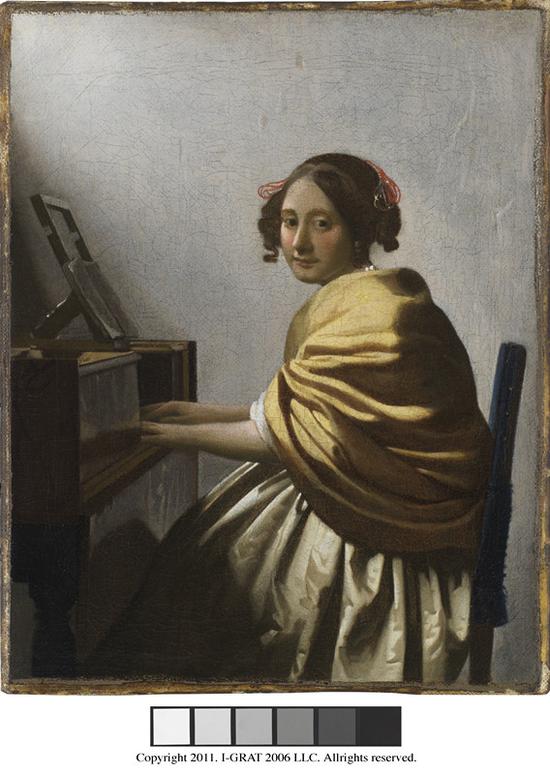 约翰内斯·维米尔（1632-1675）《坐在维金纳琴旁的少女》，1670-1672年，帆布油画，25.5 x 20.1厘米。图片由纽约莱顿收藏提供。