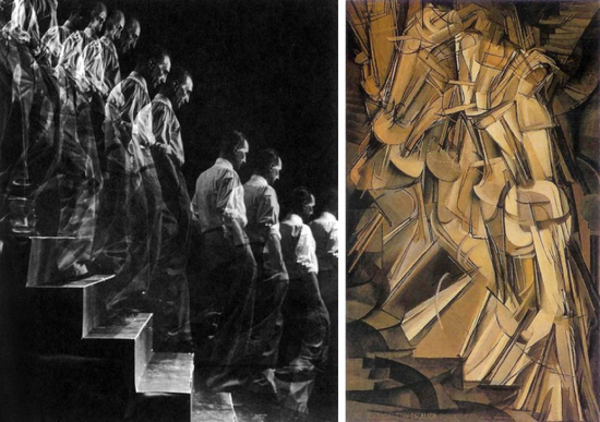 左：《下楼的杜尚》 1952年 Eliot Elisofon摄 右：《下楼的裸女》1912年 布面油画 