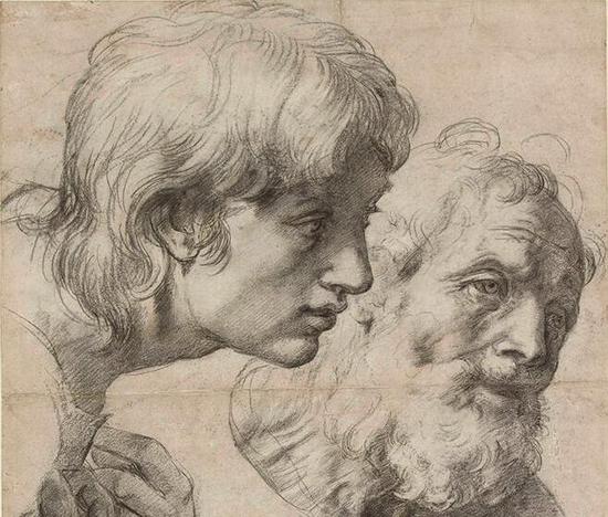 　　柔软：两个使徒的头和手（The Heads and Hands of Two Apostles），约1519-20，拉斐尔，图片：Ashmolean Museum, University of Oxford
