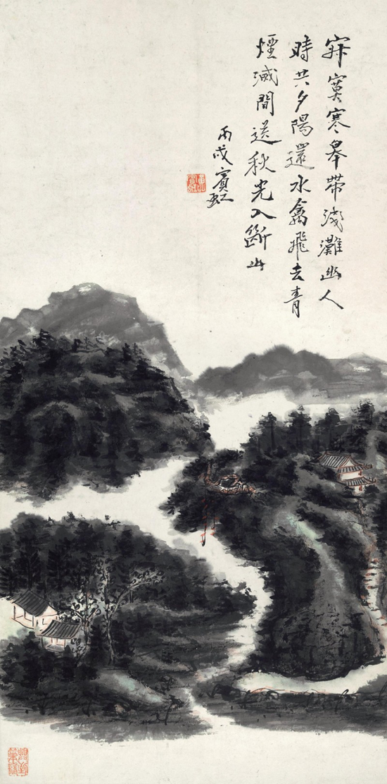 *Lot64 黄宾虹（1865-1955）   青烟夕阳 立轴 设色纸本 1946年作 68×33.5cm. 约2.1平尺 