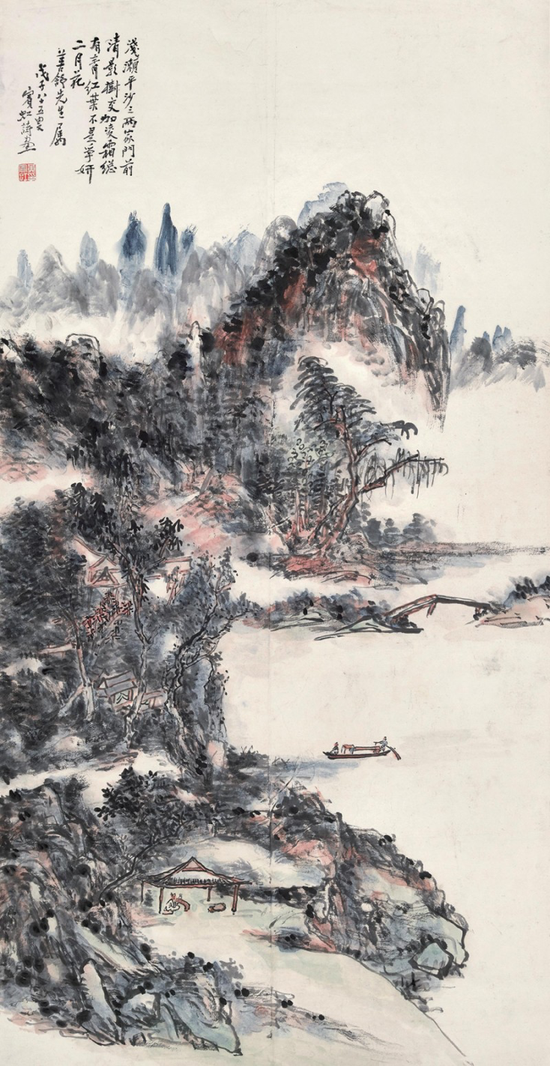 Lot61 黄宾虹（1865-1955）舟泛秋江赏红霜 立轴 设色纸本 1948年作 129×66cm. 约7.7平尺 