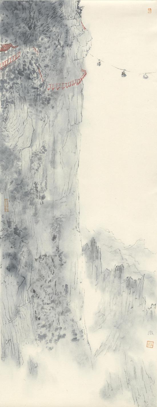烟云上下70×28cm 纸本水墨 2017 Clouds Around Us， Lost in Mist and Cloud in Twilights， Water-ink on rice paper