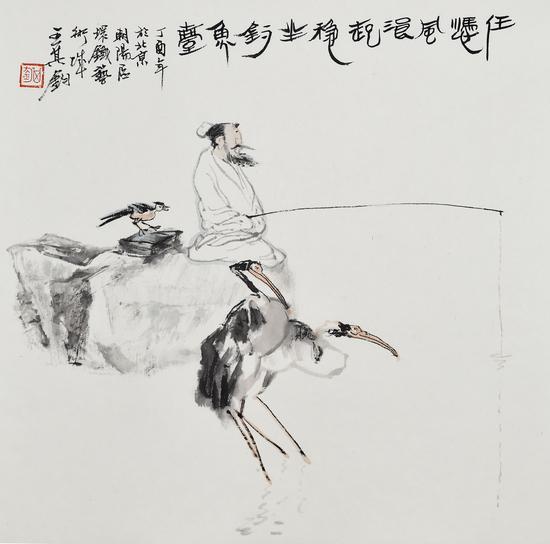 任凭风浪起,稳坐钓鱼舟。33x33cm