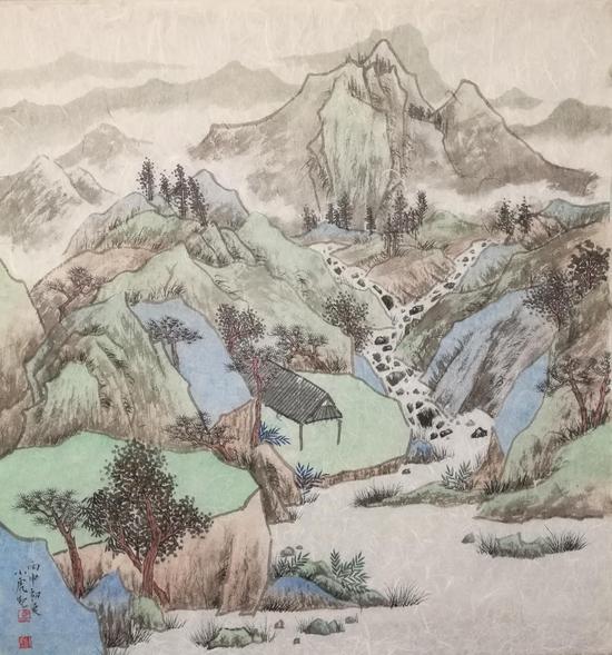 马小虎-2016-《烟云溪山》-纸本重彩-68cm×68cm