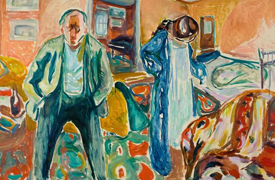 爱德华-蒙克，《艺术家和他的模特》，1919&ndash;1921；布面油画；47 7/16 x 78 3/4英寸