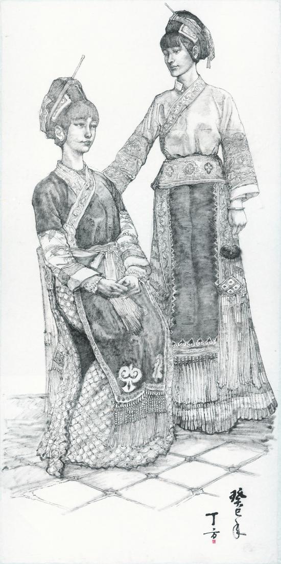 贵州少女  家族妇女  2013年 纸本 墨 250cm×120cm (2)