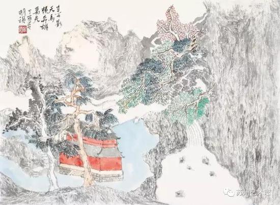 明瓒 深山藏古寺册之三 纸本设色 44.5×32cm 2017 年