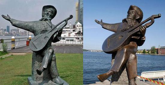 上海浦东东昌滨江绿地内的一尊“弹鲁特琴的埃弗特塔贝”雕像(左)与瑞典首都斯德哥尔摩骑士岛地标雕塑(右)极为相似