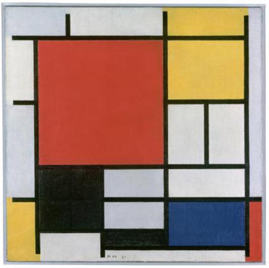 　　《红、黄、蓝、灰与黑构图》（Composition with Large Red Plane, Yellow, Black, Gray and Blue）,1921年