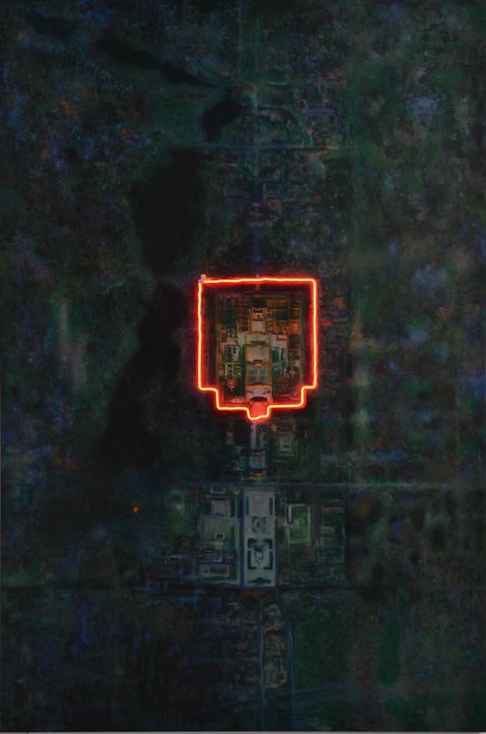 行走 No10- 紫禁城, 霓虹灯、油画和综合材料于帆布,200x300cm ,2015