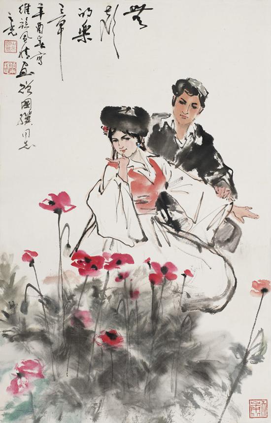 杨之光 双人舞 立轴 设色纸本 68×43cm