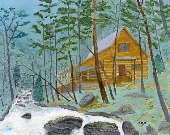 　　“Mountain Cabin,” an original work of art painted by President Carter in 2010, has been hanging in his house in Plains, Georgia. It sold at the benefit auction for $210,000.