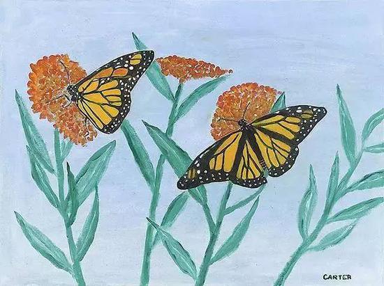  This oil painting of monarch butterflies and milkweed by former President Jimmy Carter sold at auction for $525,000. Photo courtesy of the Carter Center