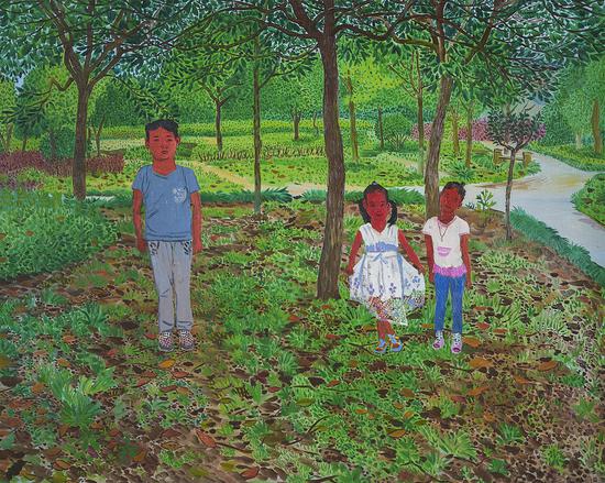 金顺和两个小姑娘在小区公园里 2015 布面油画 80×100cm