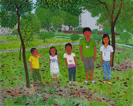 陈俊浩，蒋露和三个小朋友 2015 布面油画 80×100cm