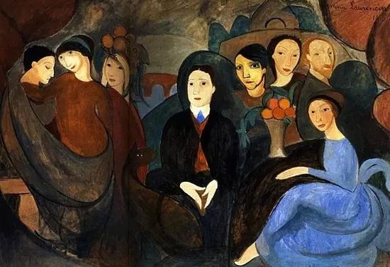 　　《阿波利奈尔与他的朋友们》，罗兰珊，1909。从左至右：“美惠三女神”（格特鲁德·斯泰因，费尔南多·奥利维尔，身份不明的金发女子）、阿波利奈尔、毕加索、玛格丽特·吉利特、诗人莫里斯·克勒穆尼茨。蓝衣女子为罗兰珊
