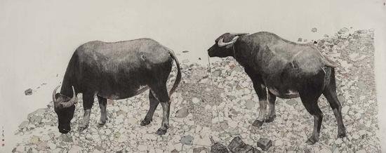 杜大恺 溪岸水牛图  145×360cm 2014 水墨