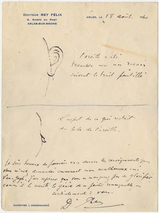 　　1930年8月18日，费利克斯?雷伊给欧文?斯通书信中的梵高耳朵的肢解图纸，加州大学伯克利分校班克罗夫特图书馆藏