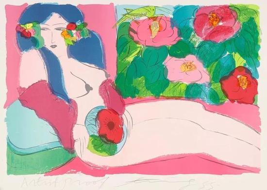 西泠网拍八月夏季大拍 丁雄泉（1920-2010）花丛中的女郎 纸本石版画