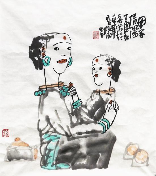 母子情深-杨晓阳69×69cm-纸本水墨