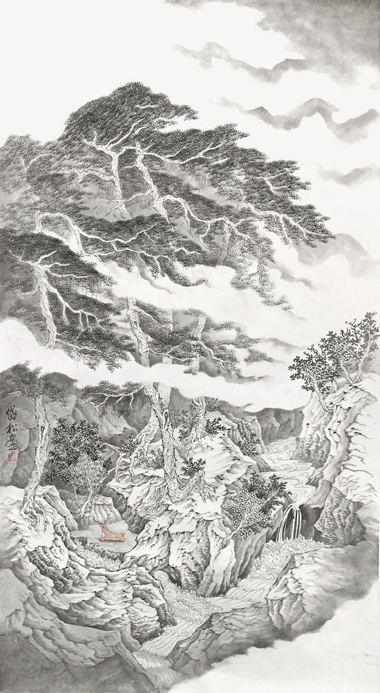 鹿-李岱松-125×68cm-纸本水墨