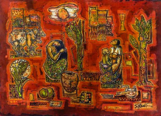 Yahong Art Gallery from Malaysia, Chuah Seow Keng, Village Life, Batik, 63 x 87cm, 2012