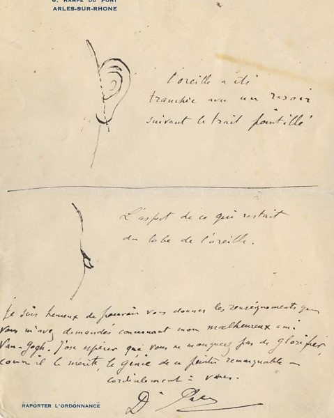 1930年8月18日，费利克斯·雷伊写给欧文·斯通的信，画的是梵高残缺不全的耳朵