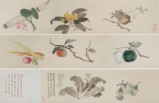 吴湖帆 仿沈石田蔬果图
手卷 设色纸本
本幅30.5×366cm;题跋30.5×23cm
注:1。徐玥旧藏。
2。汪东题跋。
