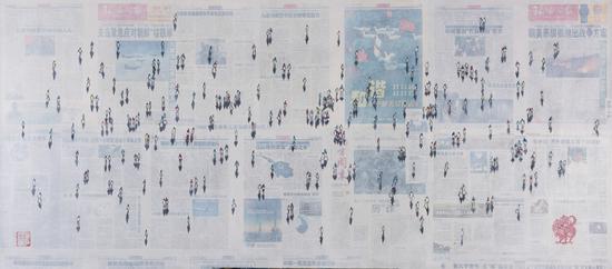 　　菲琳 Eline de Jonge 报纸上的影子 shadows on Shanghai today 80x180cm 布面综合材料 mixed media on canvas 2017