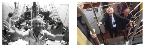 　　理查德·马尔科于“马科斯号”帆船，1980年（左）、理查德·马尔科于“阿文内尔夫人号”帆船，2014年（右）