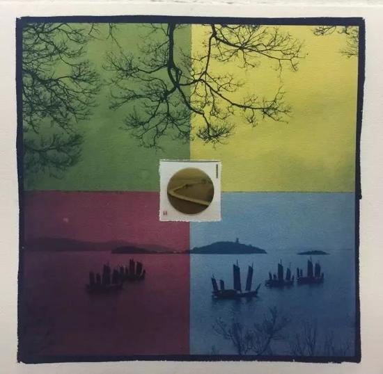 谢松 《太湖佳绝处》 纸本 综合材料（蓝晒、水彩、胶片）50×50cm 2017