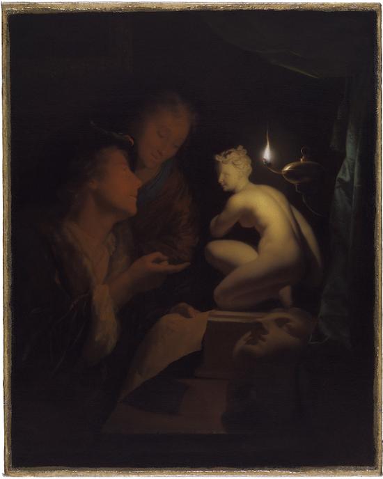 古德弗里德斯·斯哈尔肯，灯光下研究维纳斯雕像的年轻男女，约1688–92，莱顿收藏