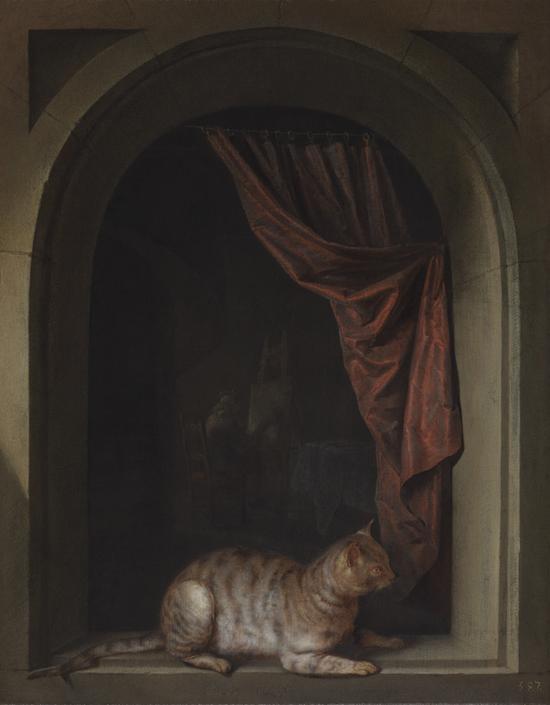 格里特·德奥，伏在画家画室窗台上的猫，1657，莱顿收藏