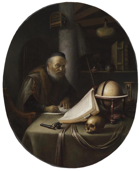 　　《写作被打断的学者》（Scholar Interrupted at His Writing），格利特·德奥（Gerrit Dou），莱顿收藏