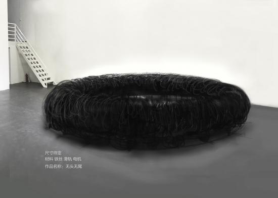 倪华夏《无头无尾》装置;铁丝、滑轨、电机;2017