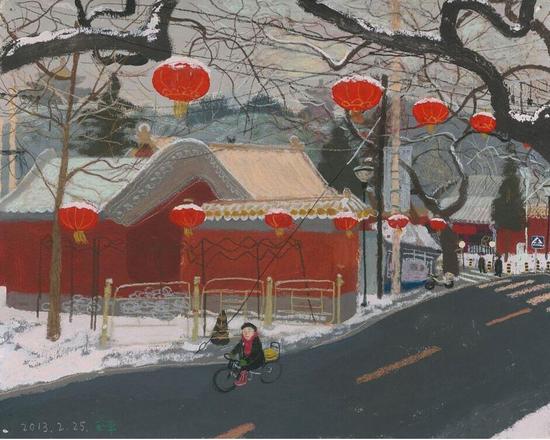 王玉平《雪打灯》纸上丙烯、油画棒 58x73cm 2013