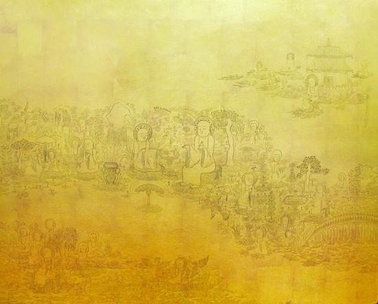 阿弥陀佛无量寿世界，曾扬，绢本，纯金箔，刻绘，100X80CM,2016-5