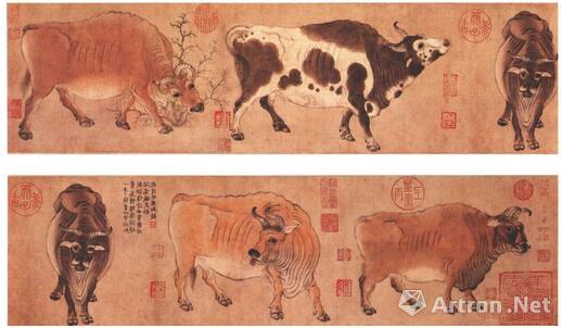 《五牛图》卷,纸本,现藏故宫博物院 设色,纵20.8cm,横139.8cm。