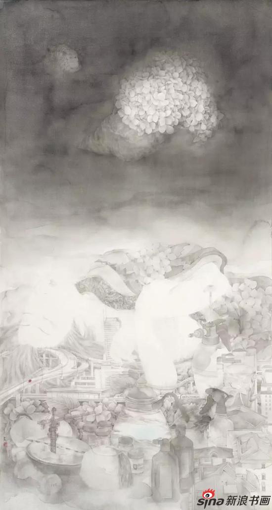 鲍莺 城里的月光 150×90cm 绢本水墨 2013