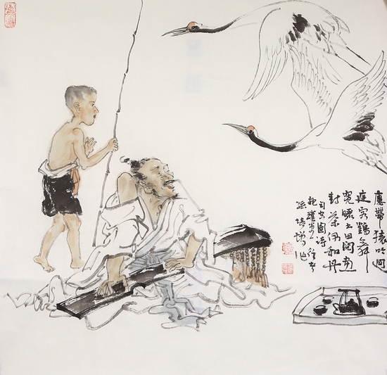 孫培增的水墨斗方作品《鶴》