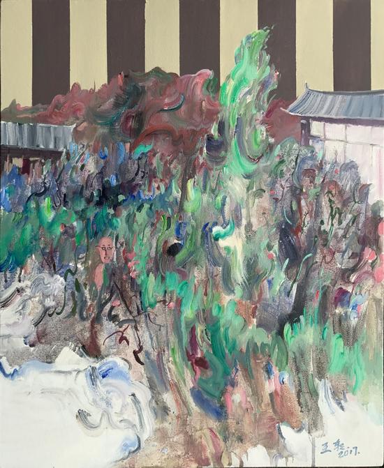 后院的草林55X45CM,布面丙烯油画,2016年,王朝刚