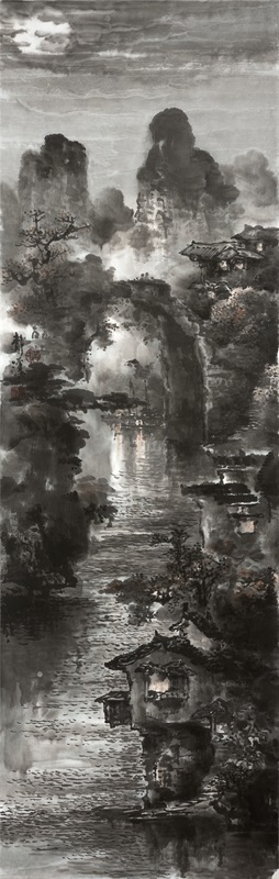 吕静溪《玉龙河夜 》110×35cm 纸本水墨 2017 