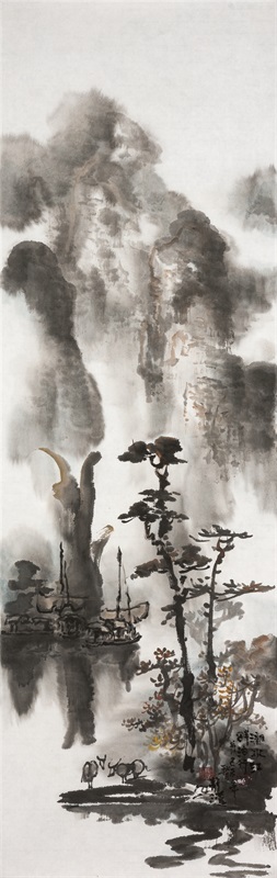 吕静溪《漓水江畔泊竹舟》110×35cm 纸本水墨 2015