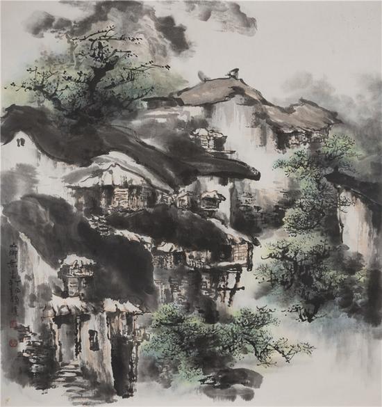 吕静溪《山乡无尘》90×97cm 纸本水墨 2017