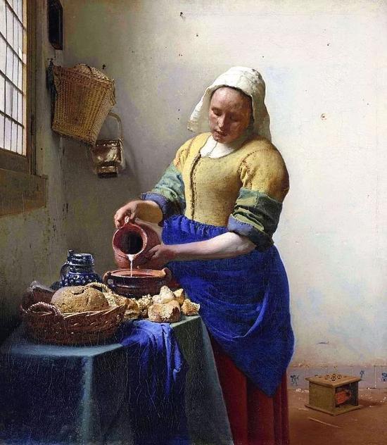 约翰内斯·维米尔， 《倒牛奶的女佣》，大约1660。图片：Wikimedia Commons