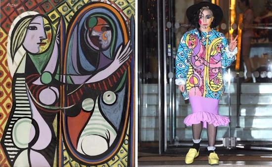 左：毕加索，《镜前的少女》，1932，现藏于纽约现代艺术博物馆（MoMA）。图片：致谢纽约MoMA；右：Lady Gaga扮毕加索《镜前的少女》