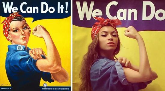 左：“我们做的到！”海报。图片：致谢National Museum of American History， Kenneth E。 Behring Center；右：碧昂斯扮演女子铆钉工杰拉尔丁·多尔