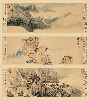 张大千，《大千黄山游》（册页 十二开选三） 水墨设色纸本，1933年，14.5 x 37厘米