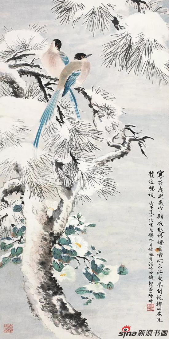 陆抑非 戊子（1948）年作 雪景翎毛 立轴 设色纸本