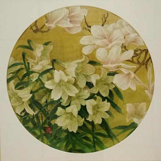布面油画:玉兰百合图(75×75)cm创作2013年10月